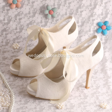 Ribbon Tie Lace Bridal Shoes Ivory
